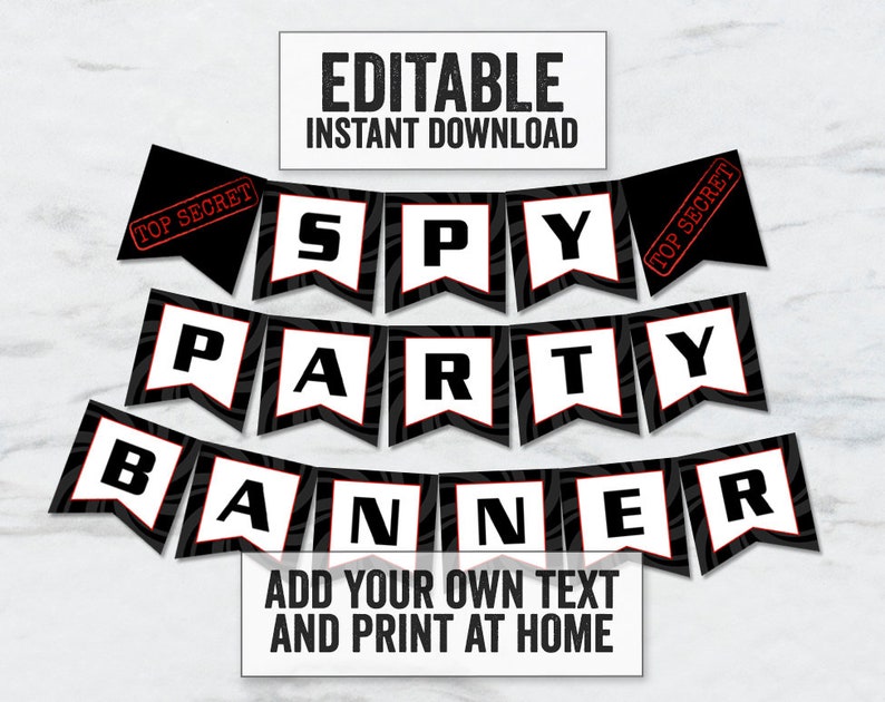 以下が含まれることがあります： 黒と白のシマウマ柄と赤い文字で「SPY PARTY BANNER」と書かれた、編集可能な印刷可能なバナー。両端に「TOP SECRET」のスタンプが押されています。