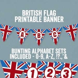 Printable British Bunting, British Banner Alphabet theme party decor, union jack bunting, abc banners, british party theme, instant download