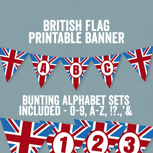 Printable British Bunting, British Banner Alphabet theme party decor, union jack bunting, abc banners, british party theme, instant download