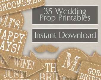 35 Rustic Wedding Photo Booth Prop Printables - Rustic Burlap Effect, Printable photobooth sign, wedding props, burlap chic wedding hessian