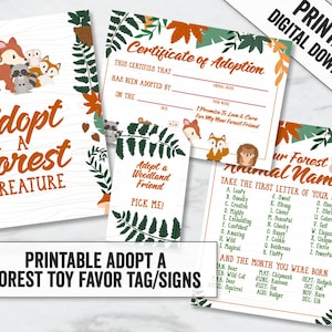 Adopte un signo imprimible de criatura del bosque, certificado, adopte un favor de fiesta del bosque, favores de la fiesta del bosque imprimible, etiquetas temáticas del bosque, WLB2