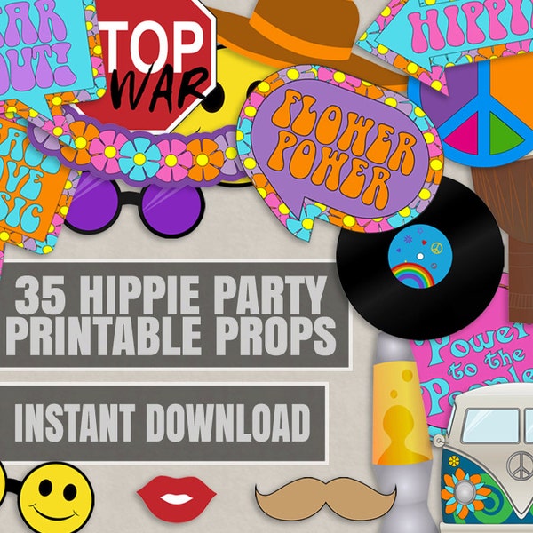 35 Hippie Thema Party Photo Booth Props, Hippie Party rekwisieten, liefde vrede hippie party decor, photobooth hippie diy party, instant download