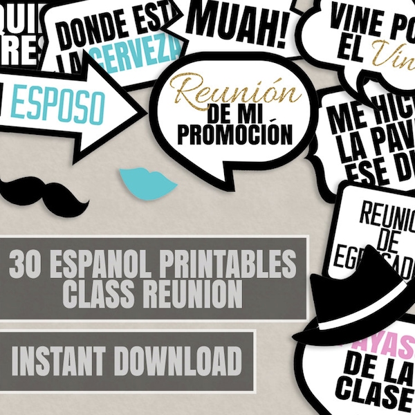 Espanol Reunion de mi promocion Photo Booth Props, school reunion photo booth printable props, spanish speech bubbles class reunion