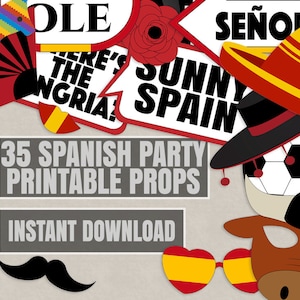 35 Spanish Photo Booth Props, Spain themed party props, barcelona party, spanish photobooth sign, España diy party props, instant download