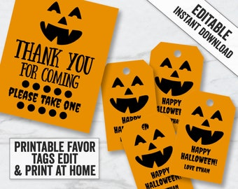 Printable Halloween Pumpkin Party Tags, Editable orange halloween thank you tags, thank you halloween favor tags, party favor tags, HAL