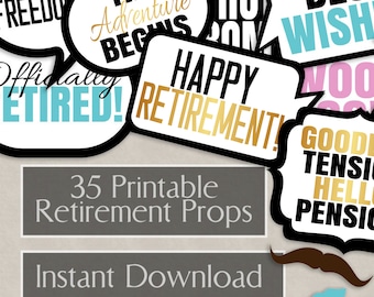 35 Retirement photo booth prop printables, Retirement party props, instant download photobooth speech bubbles, retiring party props ideas