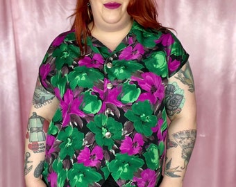 Vintage 1980s green, purple & black sleeveless floral blouse, handmade, UK size 20