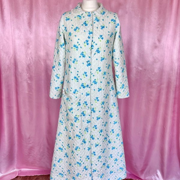 Vintage 1960s Blue & white floral quilted maxi dressing gown, unbranded, UK size 8