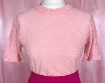 Vintage 1980s pastel pink pointelle short sleeve knitted pullover, unbranded, UK size 10