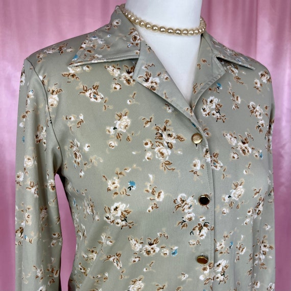 Vintage 1970s Grey floral long sleeve blouse / sh… - image 5