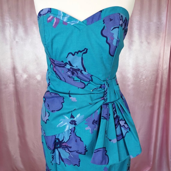 Vintage 1980s Blue & Purple floral sweetheart str… - image 4