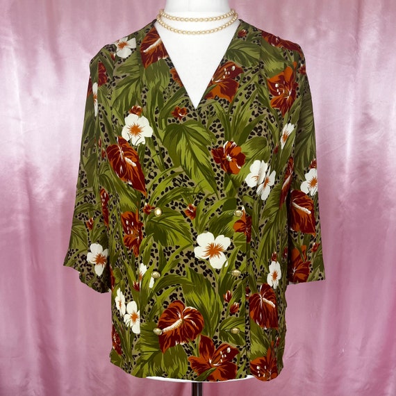 Vintage 1980s lightweight green tropical floral a… - image 1