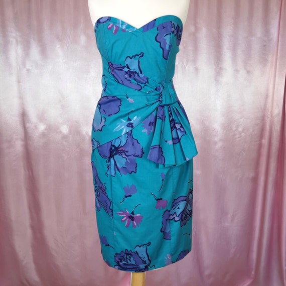 Vintage 1980s Blue & Purple floral sweetheart str… - image 2