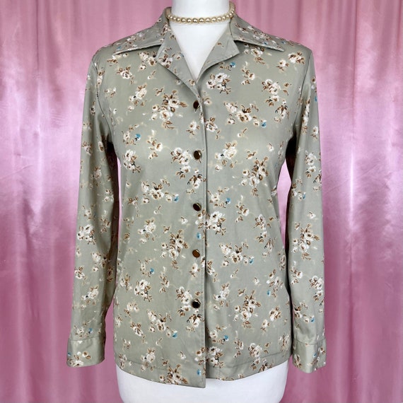 Vintage 1970s Grey floral long sleeve blouse / sh… - image 3
