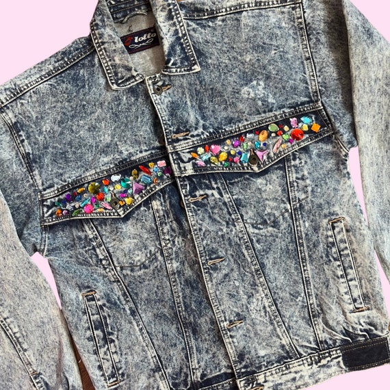 Reworked Vintage 1980s acid wash bejewelled denim… - image 2