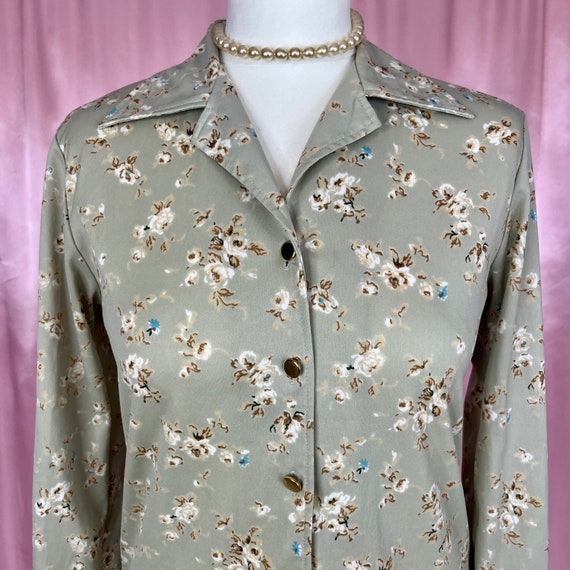 Vintage 1970s Grey floral long sleeve blouse / sh… - image 6