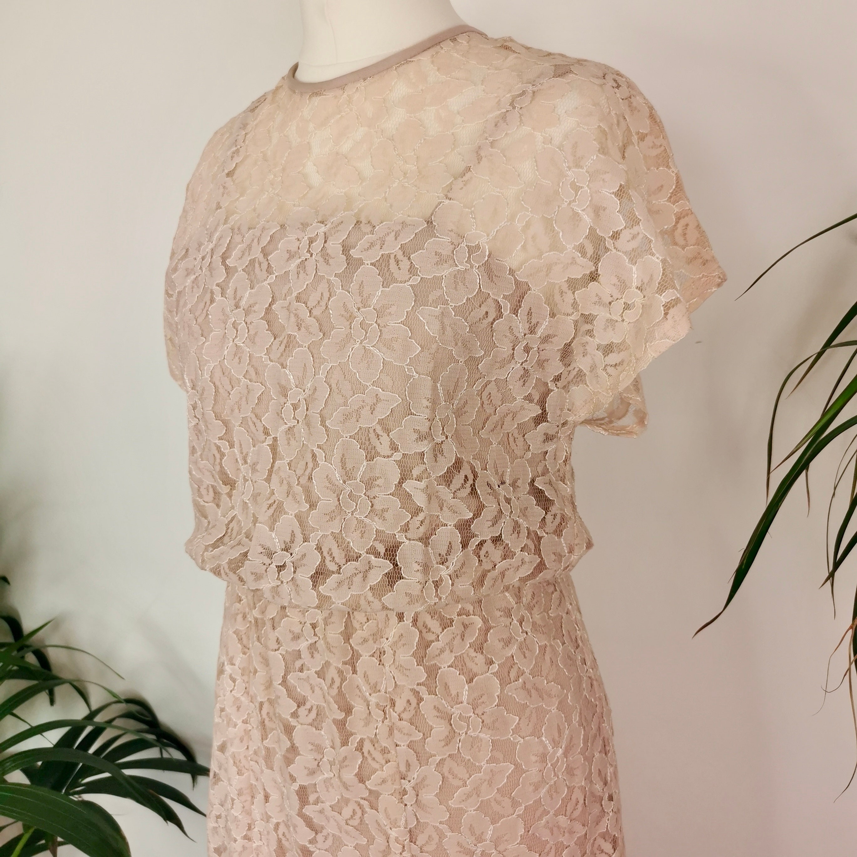 Vintage 1980s double layer beige lace midi dress with | Etsy