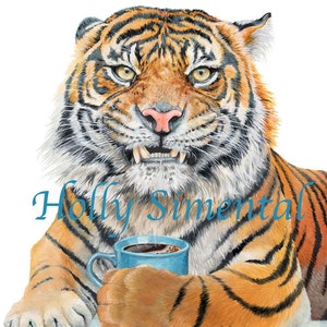 Too Early Tiger coffee oil painting signed print by Holly Simental