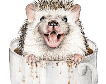 Coffee Hog, hedgehog coffee whimsical poster by Holly Simental