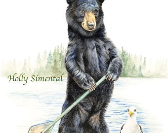 Beach Bandits whimsical bear and seagull poster by Holly Simental