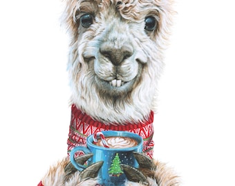 Llama Latte Christmas, animal coffee poster by Holly Simental