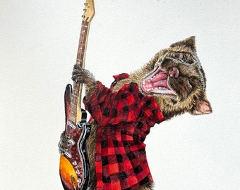 Rock'n Marten pen and ink and watercolor original of a pine marten weasel with a guitar music art by Holly Simental