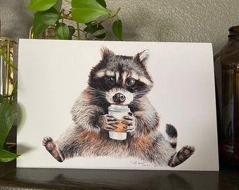 Rocket Fuel raccoon with coffee large fine art card personalized or blank