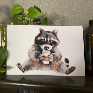 Rocket Fuel raccoon with coffee large fine art card personalized or blank