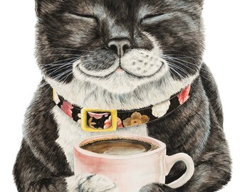 Purrfect Morning , cat with her coffee cup watercolor postert by Holly Simental