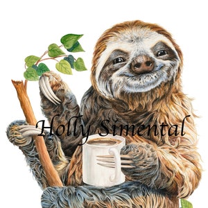 Top of the Morning , sloth with coffee cup watercolor painting signed print by Holly Simental