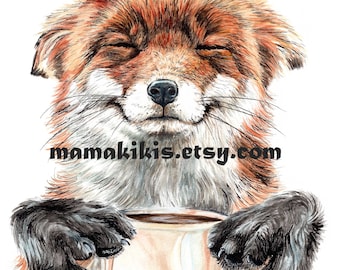 Morning Fox , coffee cup watercolor painting signed print by Holly Simental