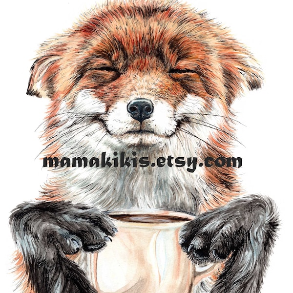 Morning Fox , coffee cup watercolor painting signed print by Holly Simental
