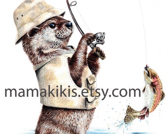 Nature's Fisherman , otter fishing trout poster by Holly Simental