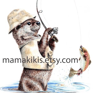 Nature's Fisherman , signed print otter fishing trout watercolor painting by Holly Simental image 1