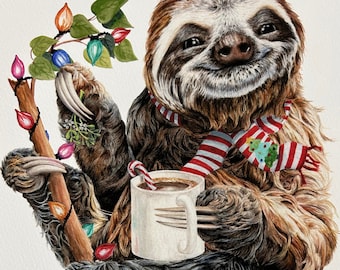 Top Of Christmas Morning sloth coffee animal  poster by Holly Simental