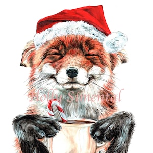Morning Fox Christmas edition, coffee cup watercolor painting signed print by Holly Simental