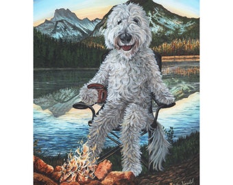 Campadoodle , labradoodle dog camping with coffee cup next to a camp fire poster by Holly Simental