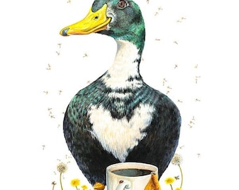 McLove'n Coffee whimsical duck poster by Holly Simental