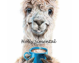 Llama Latte, pintura acrílica animal café firmada por Holly Simental
