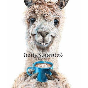 Llama Latte, coffee animal acrylic painting signed print by Holly Simental image 1