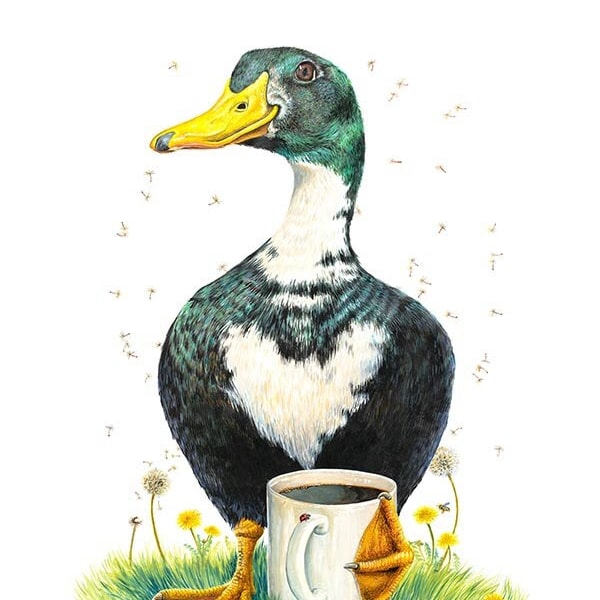 Coffee whimsical duck painting signed print by Holly Simental