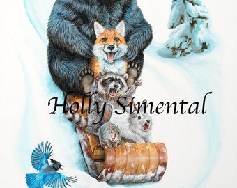 The Big Hill, mountain sledding animal whimsical wildlife poster by Holly Simental