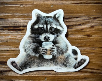Raccoon Coffee sticker vinyl outdoor indoor bumper window water bottle 3 inches Rocket Fuel