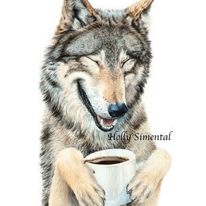 Coffee in the Moonlight wolf acrylic painting signed print by Holly Simental