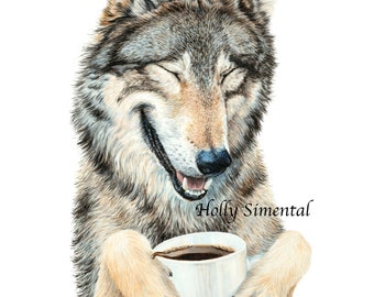 Coffee in the Moonlight wolf poster by Holly Simental