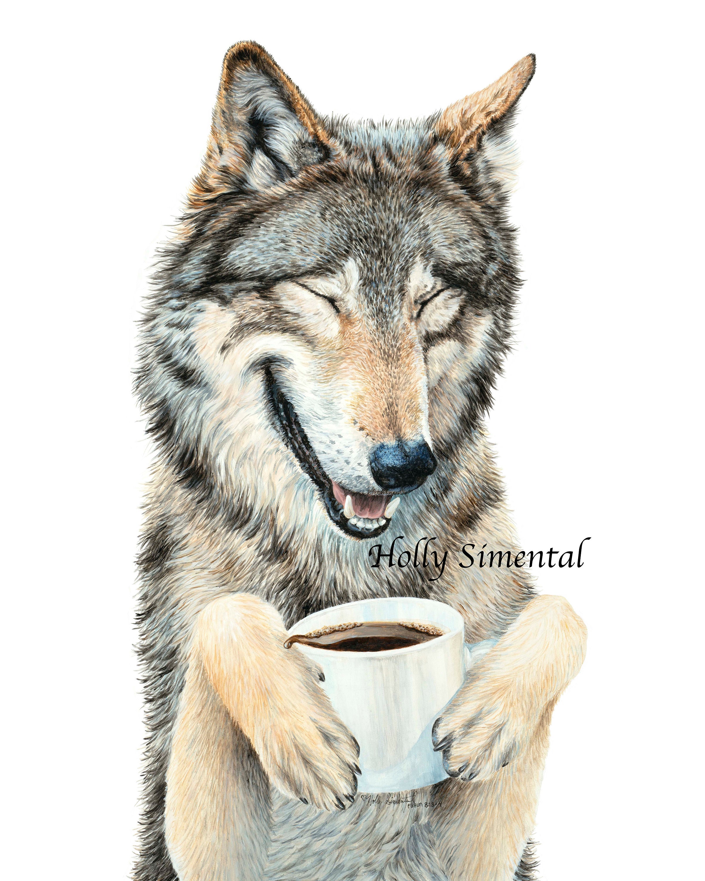 Coffee in the Moonlight Wolf Acrylic Painting Signed Print by