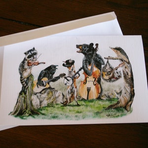 Bluegrass bendemuziek grote kunstkaart. Bosdieren. Blanco
