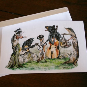 Bluegrass Gang music large fine art card. Forest animals. Blank or free custom inscription.