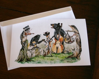 Bluegrass Gang music large fine art card. Forest animals. Blank or free custom inscription.