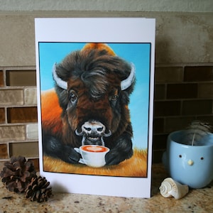 Bison Latte coffee buffalo large fine art card. Forest animal. Blank